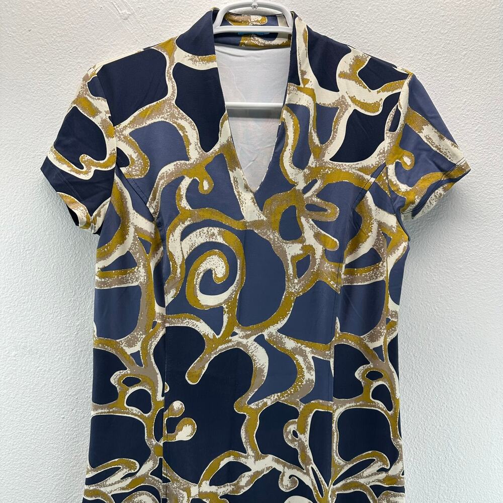 J. McLaughlin Navy, Gold & White Abstract Swirl Short-Sleeve Dress - Picture 3 of 11